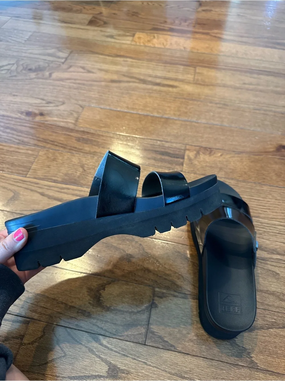 Reef Black Patent Platform Slide Sandals